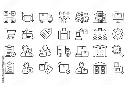 Warehouse and delivery icons, logistics, supply chain, shipping, courier symbols for digital UI systems
