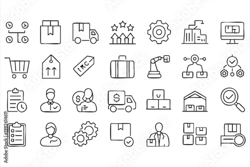 Logistics and shipping icons, supply chain management, delivery tracking, warehouse operations symbols