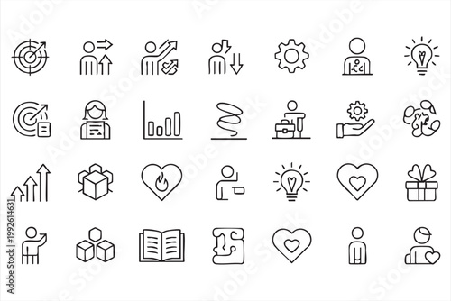 Growth strategy and motivation icon set, business performance, success tracking, leadership symbols for interface design