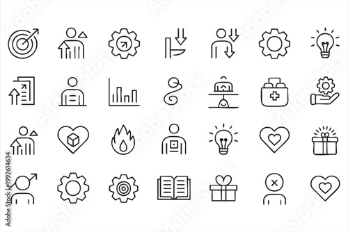 Business performance and growth icons, strategy, motivation, success target, leadership symbols for web and app UI