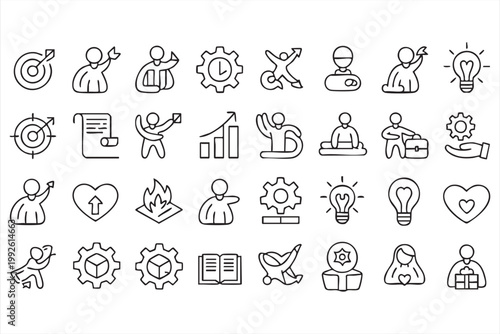 Business success and performance icons, growth strategy, motivation, leadership symbols for digital UI systems