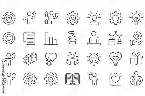 Leadership and business growth icons, performance tracking, strategy, motivation symbols for applications