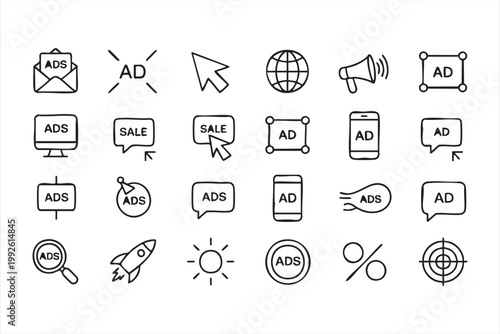 Marketing campaign and ads icons, digital promotion, targeting, sales growth symbols for UI systems