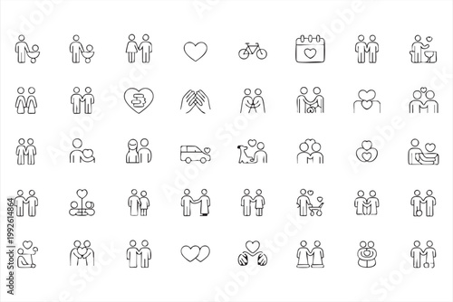 Family and relationship icons, love, couple, parenting, emotional connection symbols for web and app UI