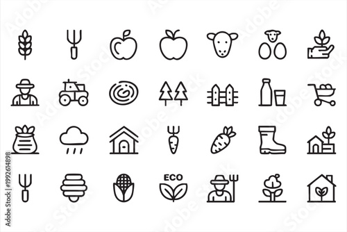 Agriculture and organic farming icons, eco food, crop production, livestock symbols for web and app UI