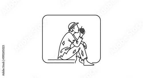 Homeless man eating grapes, poverty, hunger, despair, survival, simple life, line art