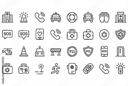 Emergency and medical icons, rescue, ambulance service, healthcare support symbols for web and app UI