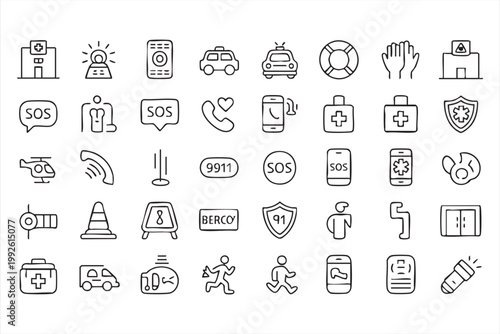 Healthcare and emergency icons, rescue service, ambulance, safety symbols for UI systems