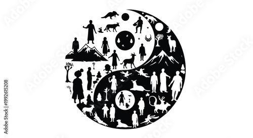 Yin yang symbol illustrates the interconnected balance between humanity, nature, and the animal kingdom.