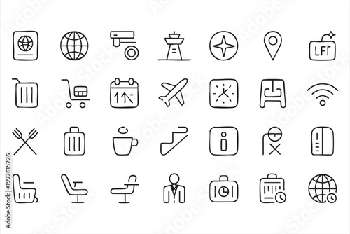 Tourism and travel icons, airport, airline, hotel booking symbols for applications