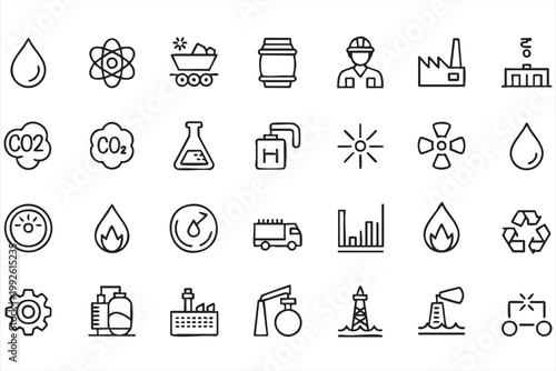Energy and oil gas icons, power industry, renewable energy, sustainability symbols for web and app UI