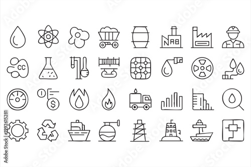Industrial energy and power icons, oil gas, renewable energy, environment symbols for UI systems