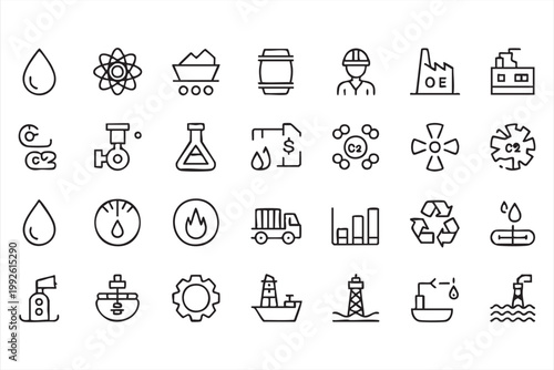 Oil gas and energy industry icon set, power production, environment, sustainability symbols for interface design