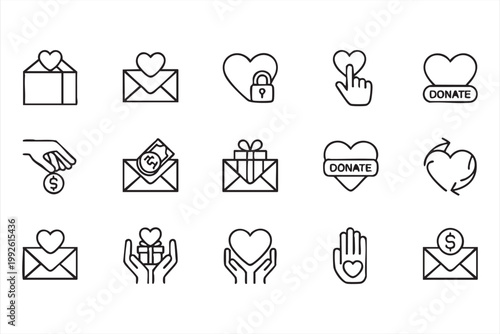 Donation and charity icons, fundraising, nonprofit giving, compassion symbols for web and app UI