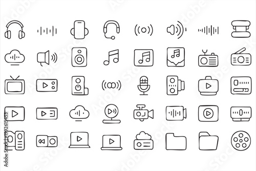 Audio video and media icons, multimedia, streaming, recording symbols for applications