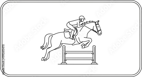 Equestrian Jumper Horse and Rider Clearing Obstacle in Show Jumping Competition
