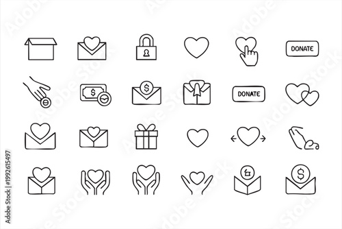 Nonprofit and donation icons, charity giving, support, compassion symbols for UI systems