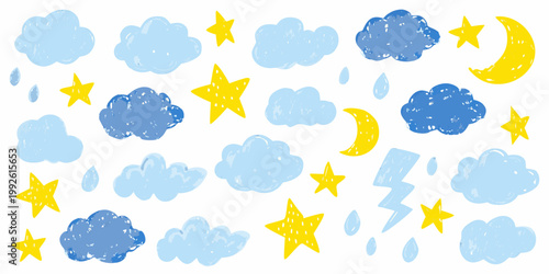 Whimsical illustration featuring clouds stars moons and weather elements