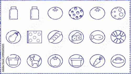 Collection of hand drawn food and household item outline icons