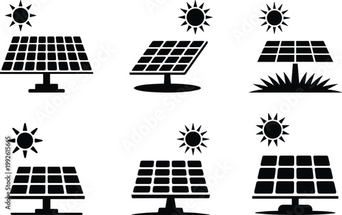 Set of Minimalist black solar panel with sun silhouette vector icon