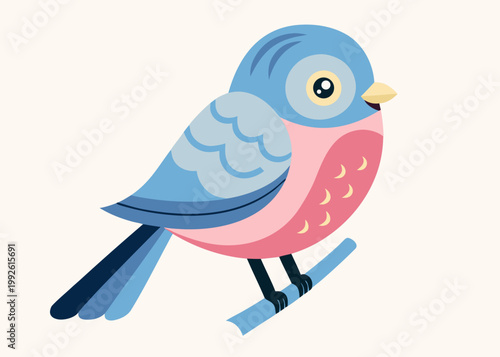 A charming cartoon bird with blue and pink plumage perches gently