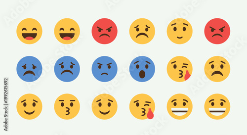 Collection of diverse emoji faces expressing various emotions on a clean background