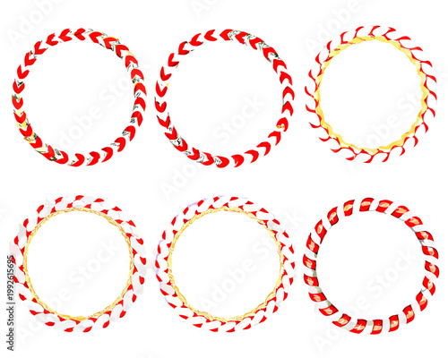 Four circular arrangements and two partial circles with textured repeating elements