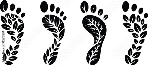 Set of Minimalist black human footprint made of leaves carbon footprint silhouette vector icon