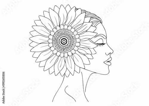 A woman s face seamlessly blended with a detailed sunflower illustration