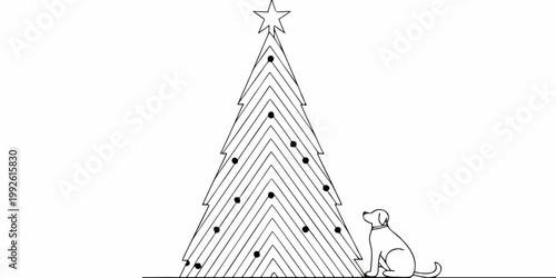 A simple line drawing of a christmas tree and a sitting dog