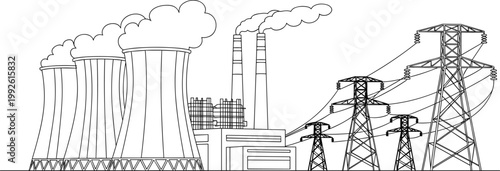 power plant, electricity generation, industrial energy, thermal power station, cooling towers, energy production, electric grid, high voltage, industry concept