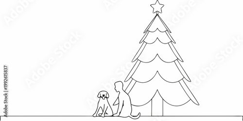 A simple line drawing depicts a dog and person near a christmas tree