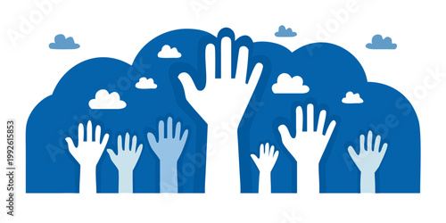 Diverse hands reaching upwards toward clouds in a blue landscape