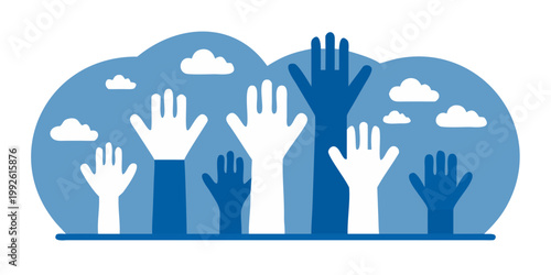 Raised hands reach upwards against a blue sky with white clouds