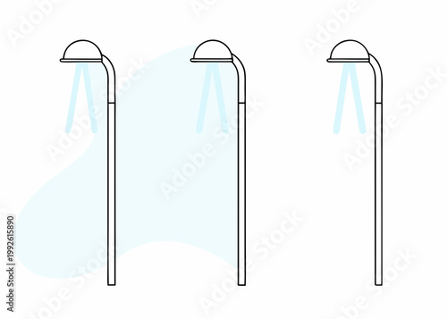 Minimalist illustration of three shower heads with flowing water