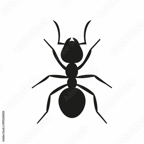 A simple black silhouette of an ant with distinct body segments