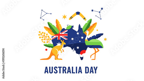 Flat design illustration of Australia Day logo with colorful leaves, stars, and kangaroo on white background.