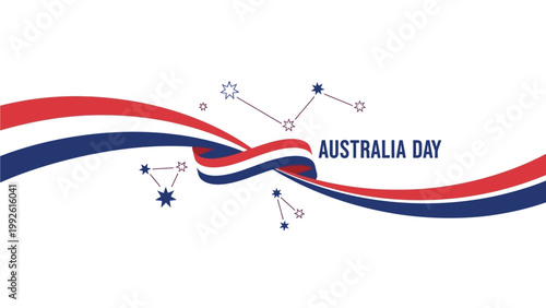 Graphic design celebrating Australia Day with red, white, and blue wavy ribbons and star constellations on a white background.