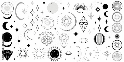 Celestial collection of moons stars planets and mystical symbols in black and white