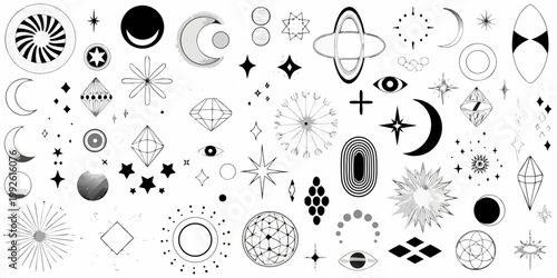 Abstract celestial shapes and symbols scattered on a white background
