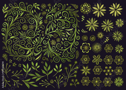 A vibrant collection of green floral and botanical doodle elements
