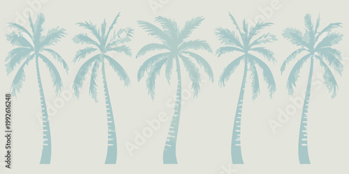 A serene illustration of five palm trees against a pale backdrop