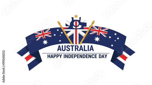 Graphic illustration of Australia's Happy Independence Day celebration with national flag elements on a ribbon banner.