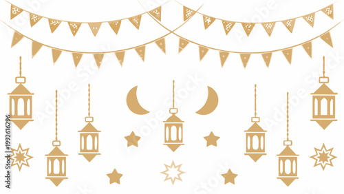 Golden ramadan decorations including lanterns crescent moons and festive bunting