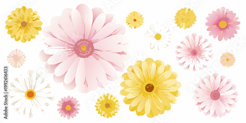 Watercolor illustration of various pastel colored daisy like flowers