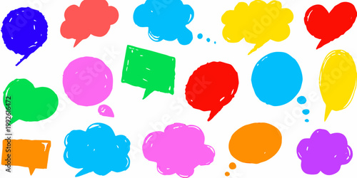 Colorful hand drawn speech bubbles and thought bubbles on a white background