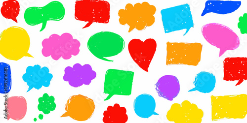 Colorful speech bubbles and shapes scattered across a white background