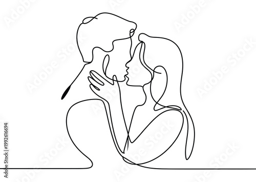 One line drawing of a man and woman kissing with a gentle touch on the shoulder  romantic gesture  love