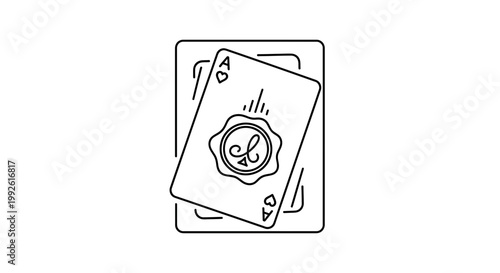 Ace of Hearts Playing Card with Seal Icon, Gambling and Luck Concept, Minimalist Line Art