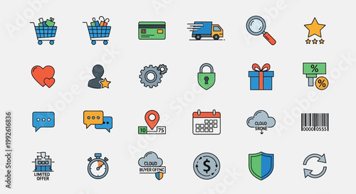 E-commerce Icons Set: Shopping Cart, Delivery Truck, Credit Card, Search, Star Rating
